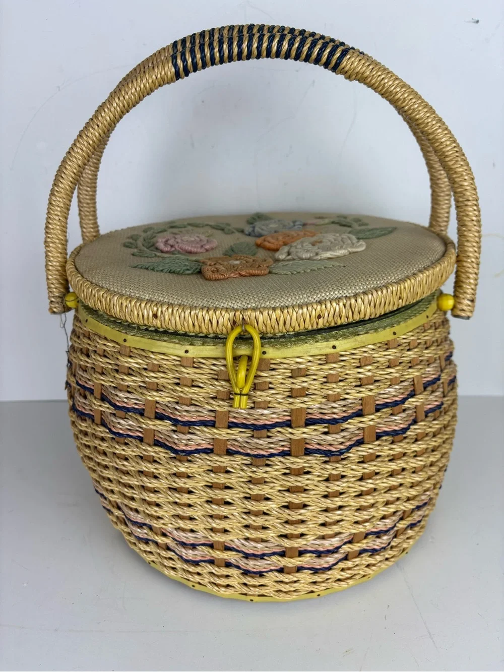 Vintage Sewing Basket-Round w/ Embroidered Floral Lid-Granny Chic